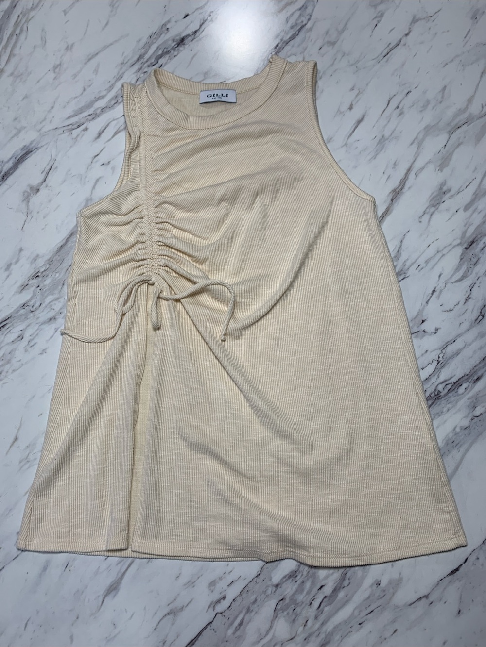 Gilli Cream Ribbed Ruched Tank Top